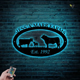 Custom Metal Name Est Farm Sign With Led Lights , Cow Calf Bull Metal Wall Art With Metal Letter Farm Name, Metal Wall Art, Cut Metal House Sign